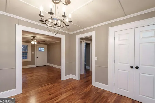 a view of a chandelier in a room
