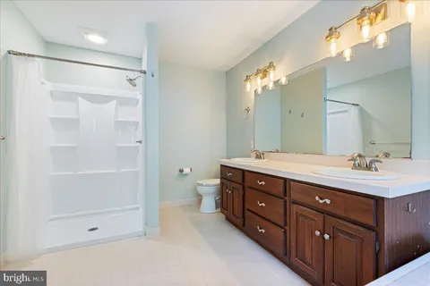 a bathroom with a double vanity sink mirror and shower