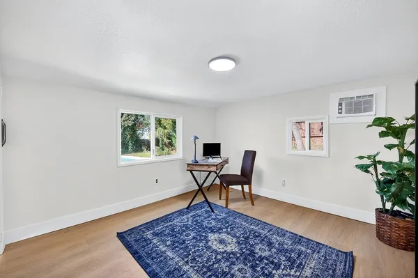 a living room with furniture and a potted plant