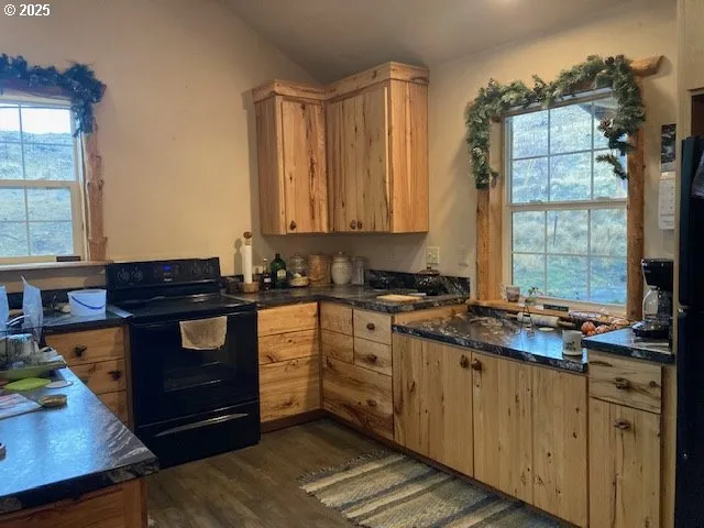 a kitchen with a cabinets appliances and a window
