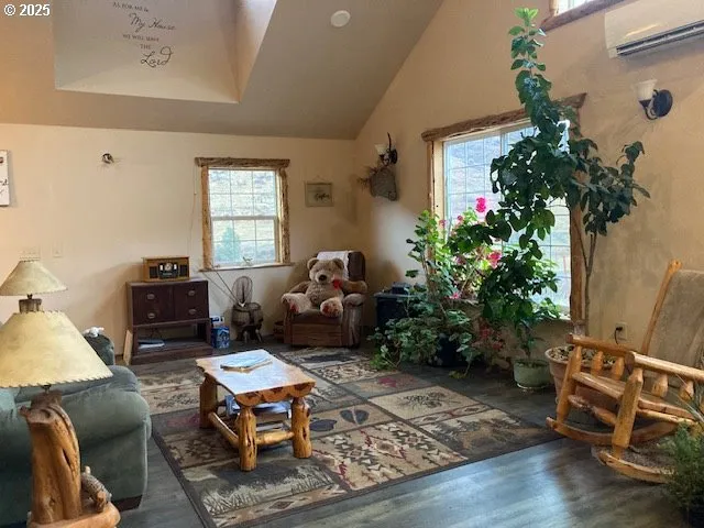 a living room with furniture plant and a window