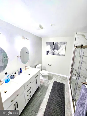 a bathroom with a double vanity sink mirror and toilet