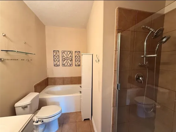 a bathroom with a shower and toilet