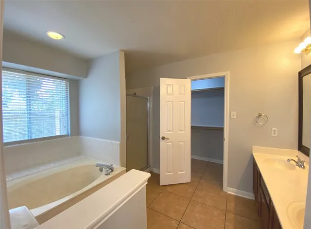 a bathroom with a tub sink and a mirror