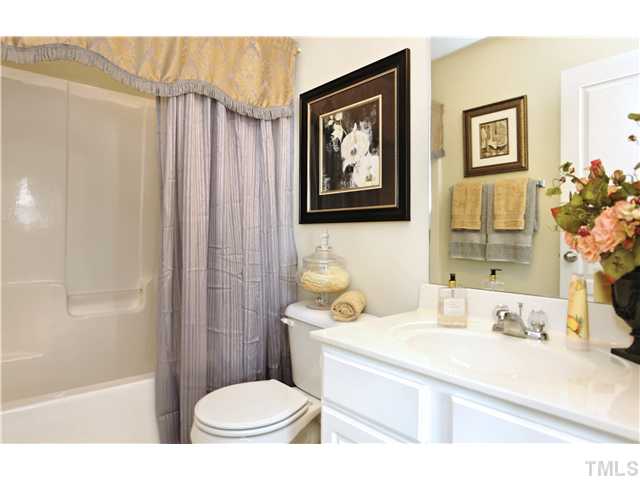 7835 Spungold Street Raleigh, NC 27617 - Photo 10 of 15 a bathroom with a sink a toilet and shower curtain