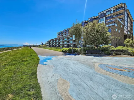 a view of a lake with a terrace