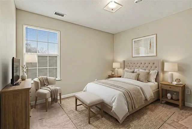 a bedroom with a bed and a couch