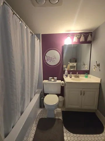 a bathroom with a toilet sink vanity and mirror