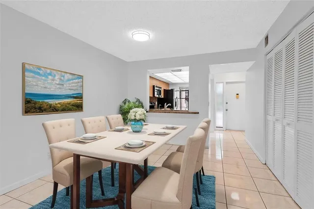 a view of a dining room with furniture