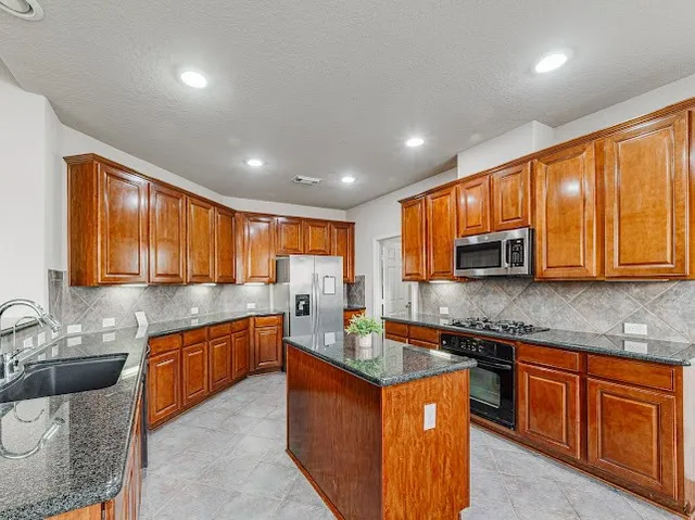 a kitchen with stainless steel appliances granite countertop wooden cabinets a sink and a granite counter tops