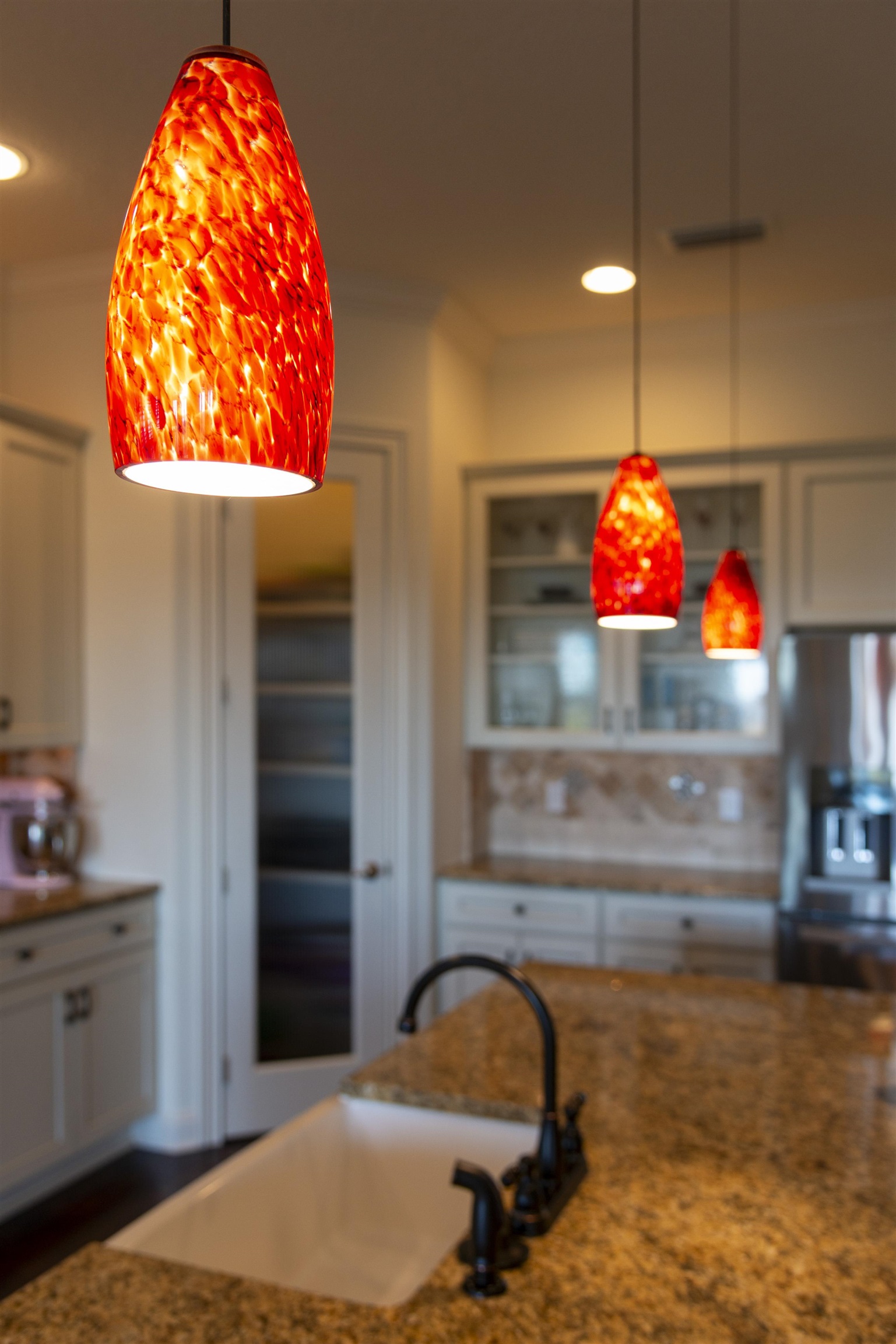 5475 Riverwood Road North St. Augustine, FL 32092 - Photo 9 of 62 Kitchen with stainless steel fridge, dark stone counters, decorative light fixtures, decorative backsplash, and recessed lighting