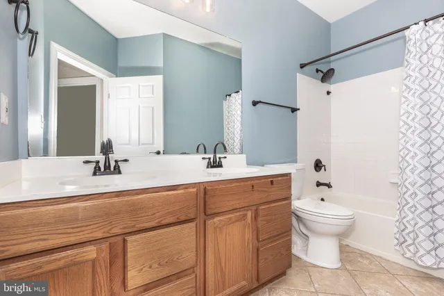 a bathroom with a double vanity sink mirror and toilet