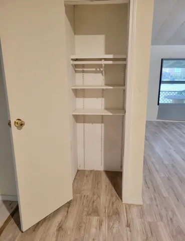 a view of walk in closet with wooden floor
