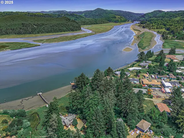 an aerial view of a house with a garden and a yard
