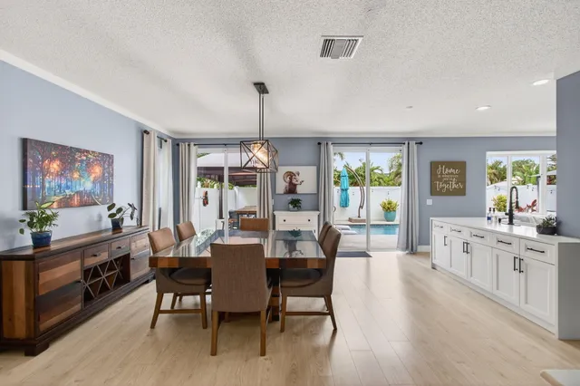a view of a dining room with furniture large window and wooden floor