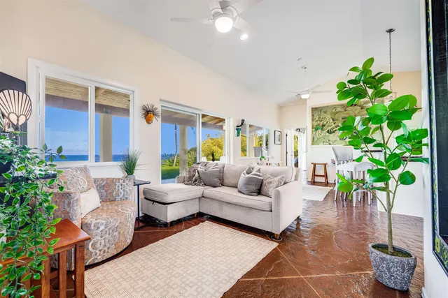 a living room with furniture and a potted plant