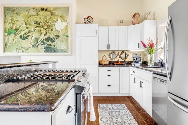 a kitchen with stainless steel appliances granite countertop a stove and a refrigerator