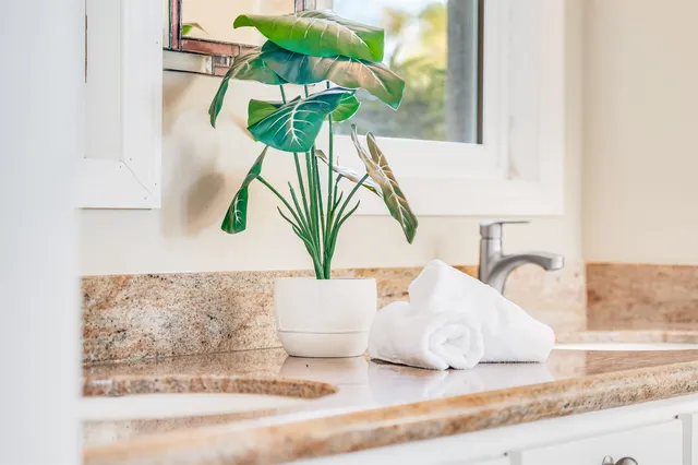 a bathroom with a granite countertop sink a mirror and a shower