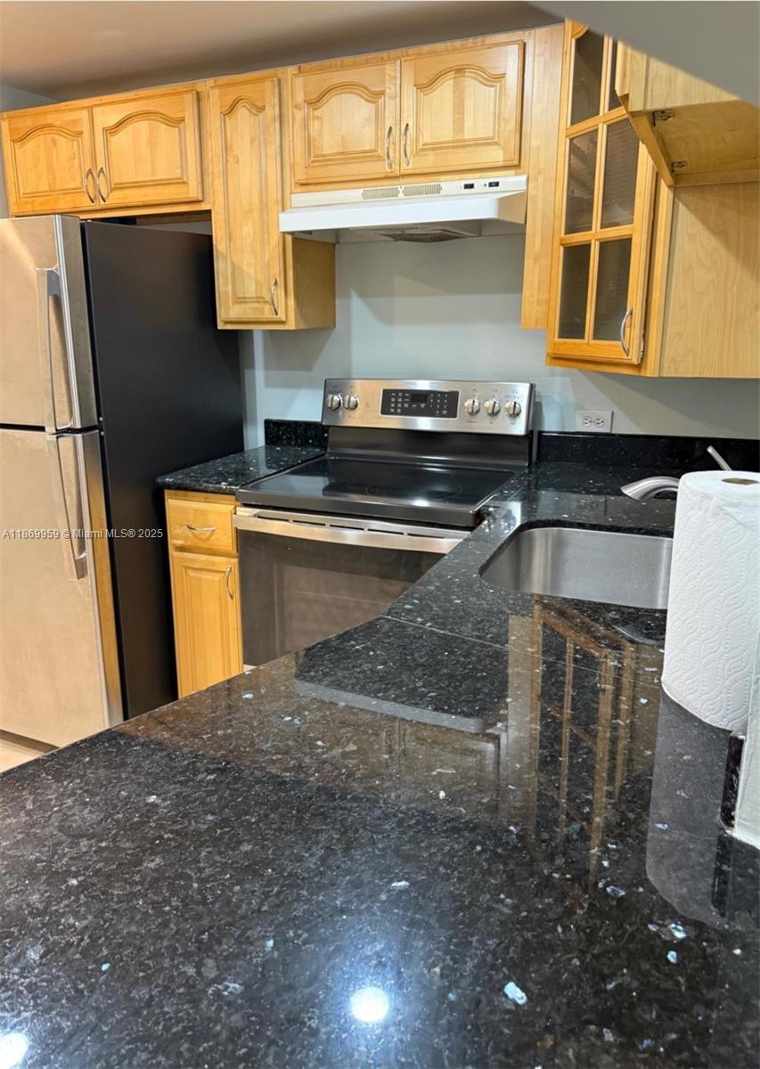 1710 Northeast 191st Street, Unit 2083 Miami, FL 33179 - Photo 23 of 36 a kitchen with stainless steel appliances granite countertop a refrigerator a stove and a sink with wooden cabinets