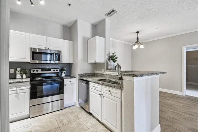 a kitchen with stainless steel appliances granite countertop a stove a sink and a microwave