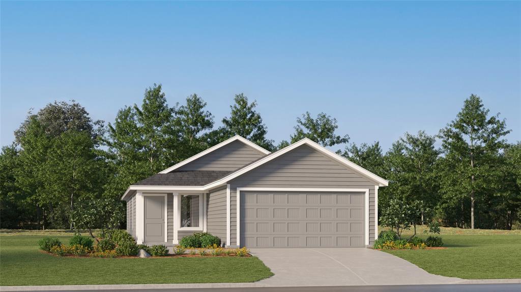 Single-story residence featuring gray horizontal siding and a matching garage door