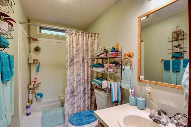 a bathroom with a toilet and a shower curtain