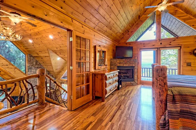 a view of balcony with wooden floor