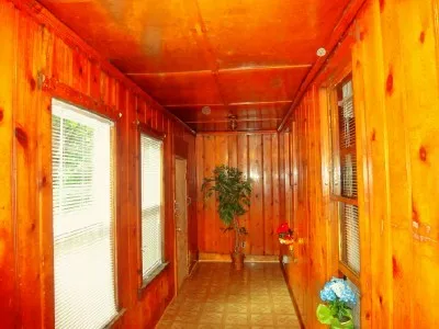 a view of a room with wooden floor and a potted plant