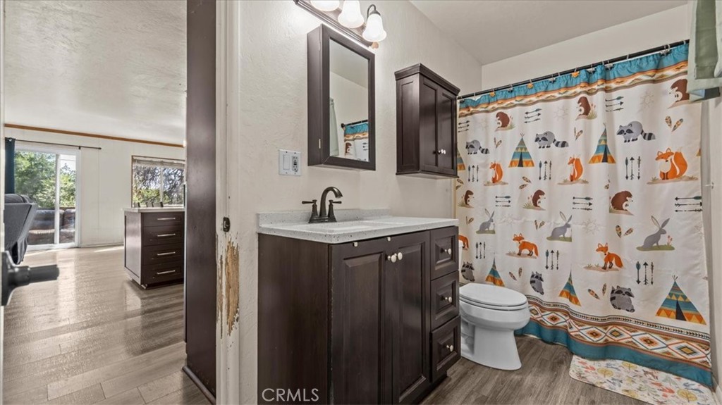 31347 Circle View Drive Running Springs, CA 92382 - Photo 23 of 48 a bathroom with a granite countertop toilet sink and mirror