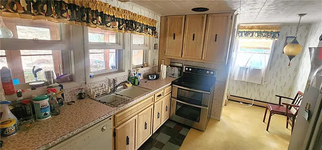 a kitchen with a sink appliances and cabinets