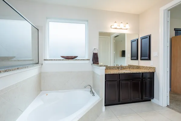 a bathroom with a bathtub sink and mirror