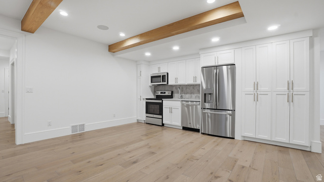 1682 North 1950 W Street, Unit 9 Provo, UT 84604 - Photo 46 of 84 Bright kitchen area featuring white cabinetry, stainless steel appliances, wood-finish flooring, recessed lighting, and exposed ceiling beams