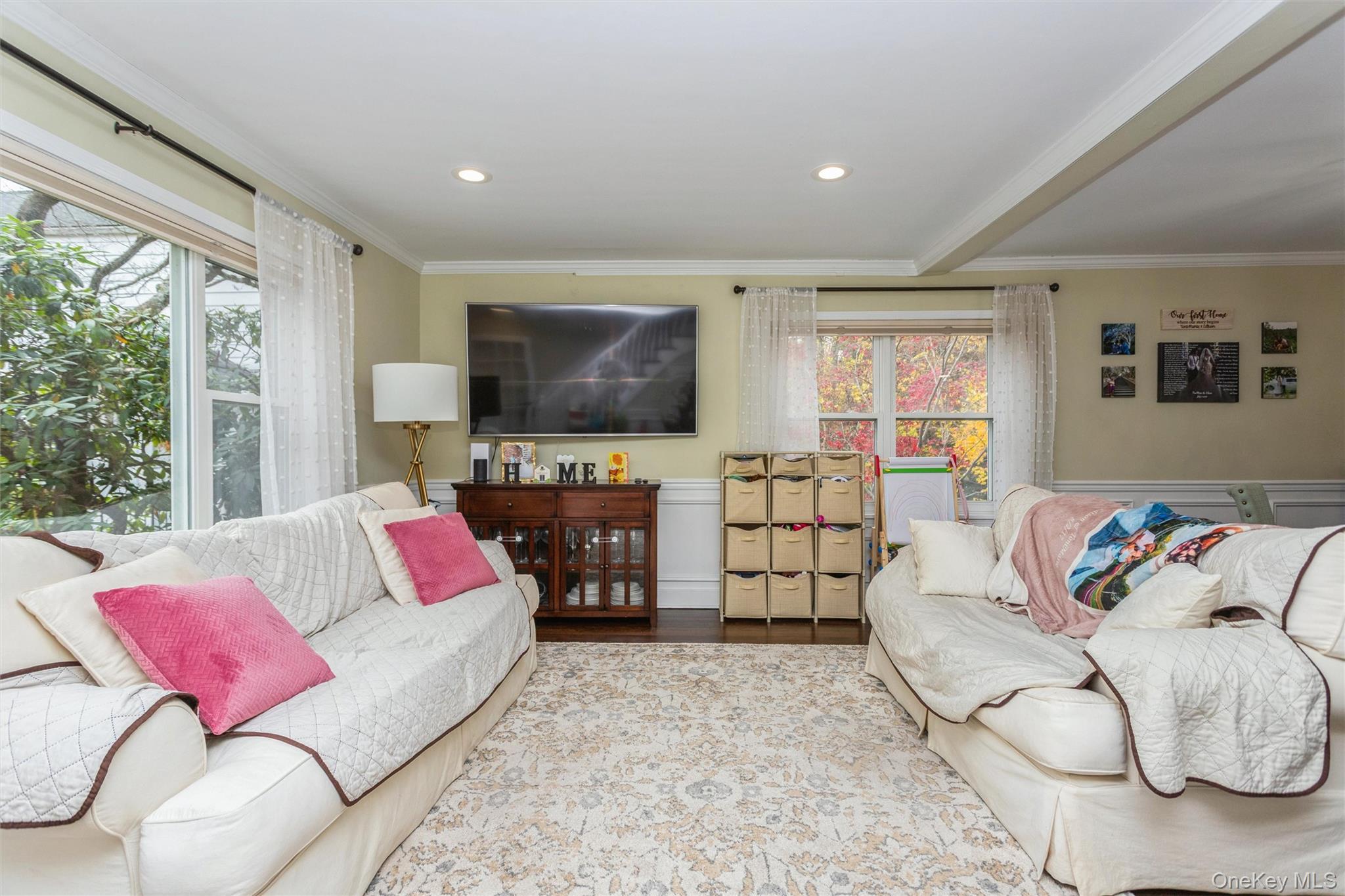 35 Peck Avenue, Unit 35A Rye, NY 10580 - Photo 12 of 27 Living room featuring a wainscoted wall, ornamental molding, wood finished floors, and recessed lighting