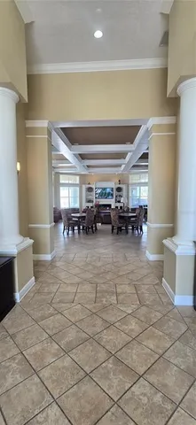 a lobby with furniture and lots of counter space