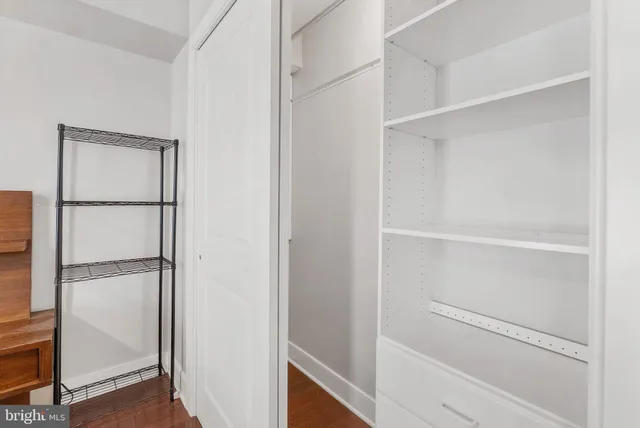 a view of walk in closet with empty racks