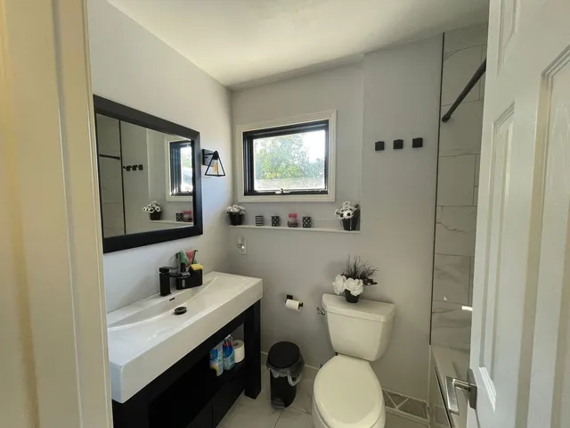 a bathroom with a toilet sink and mirror