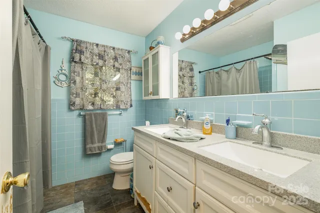 a bathroom with a granite countertop sink a toilet and shower curtain
