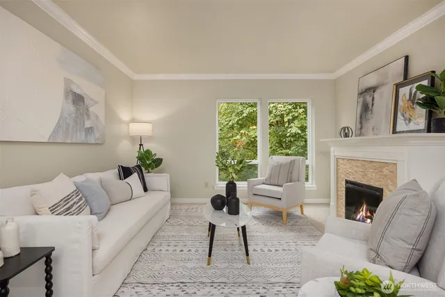 a living room with furniture a rug and a fireplace