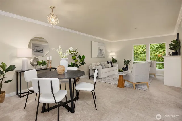 a view of a dining room with furniture window and outside view
