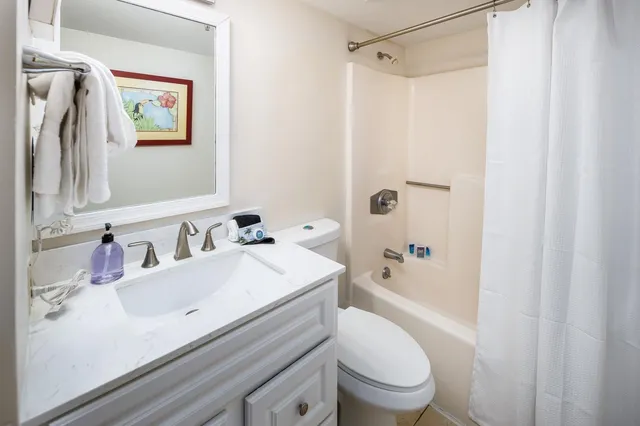 a bathroom with a sink a toilet and shower curtain