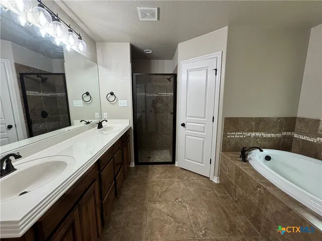 a spacious bathroom with a tub sink double vanity and a bathtub