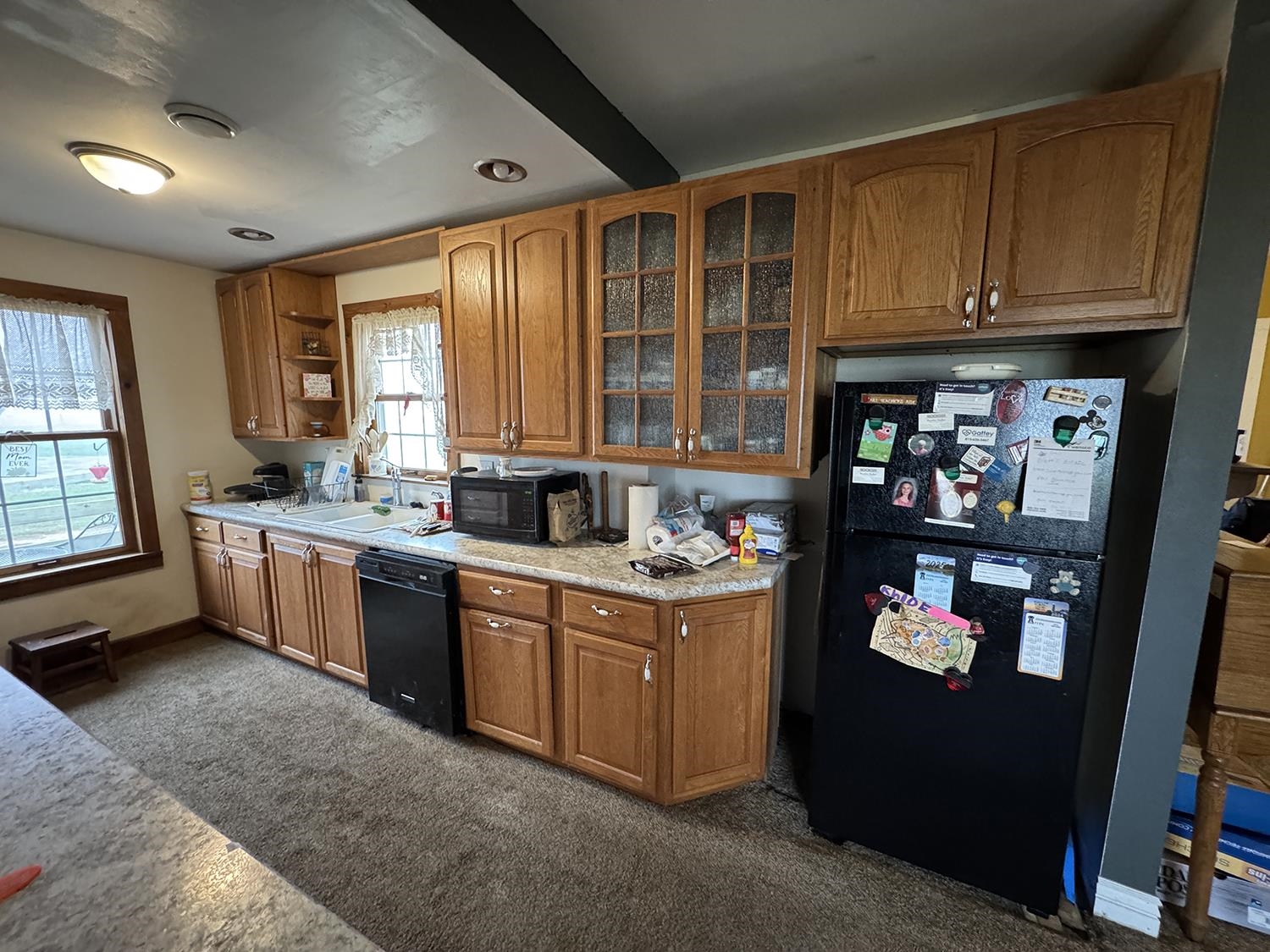 27375 Highway 40 Chadwick, IL 61014 - Photo 16 of 39 a kitchen with stainless steel appliances granite countertop a refrigerator a sink dishwasher and wooden cabinets with wooden floor