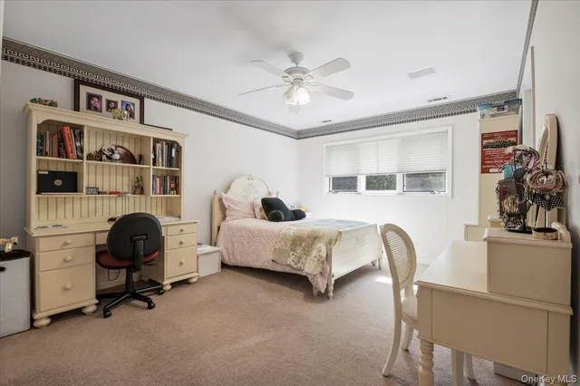 a bedroom with furniture and a book shelf