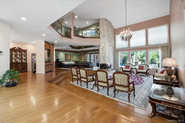 a lobby with furniture and a large window