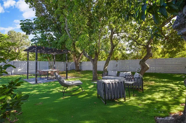 a view of a backyard with sitting area