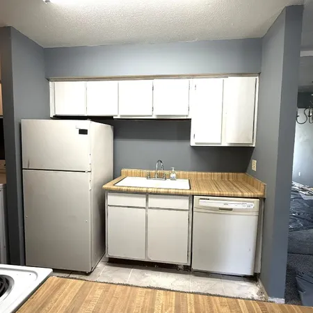 a kitchen with a refrigerator and a sink