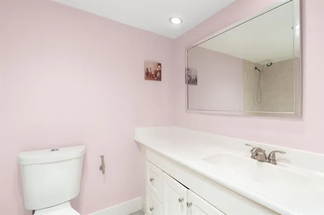a bathroom with a sink a toilet and mirror
