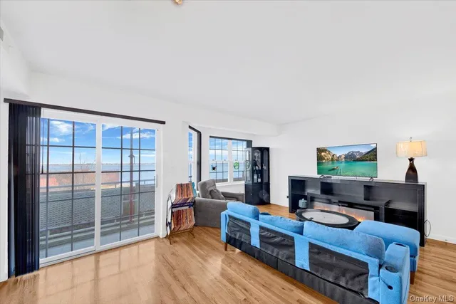 a living room with furniture a rug and a window