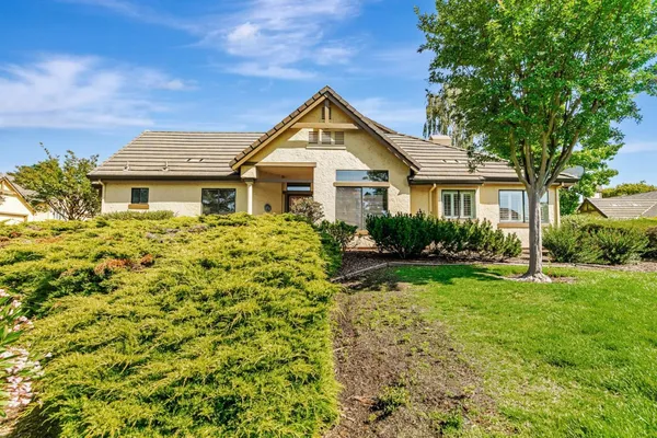 a view of a house with a yard and potted plants