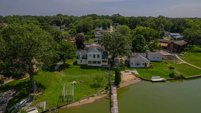 a view of a lake in middle of the town